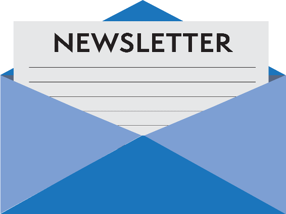  Image of blue envelope open with a paper titled "Newsletter". 